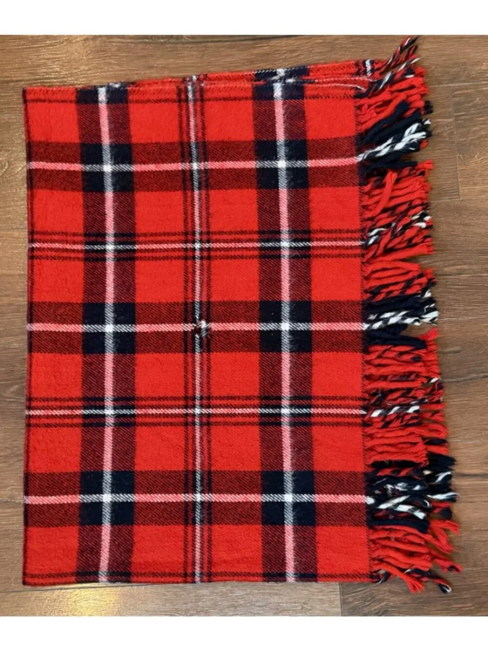 Vintage 1970s Faribo Red & Black Plaid Acrylic Throw Blanket With Fringe - Made